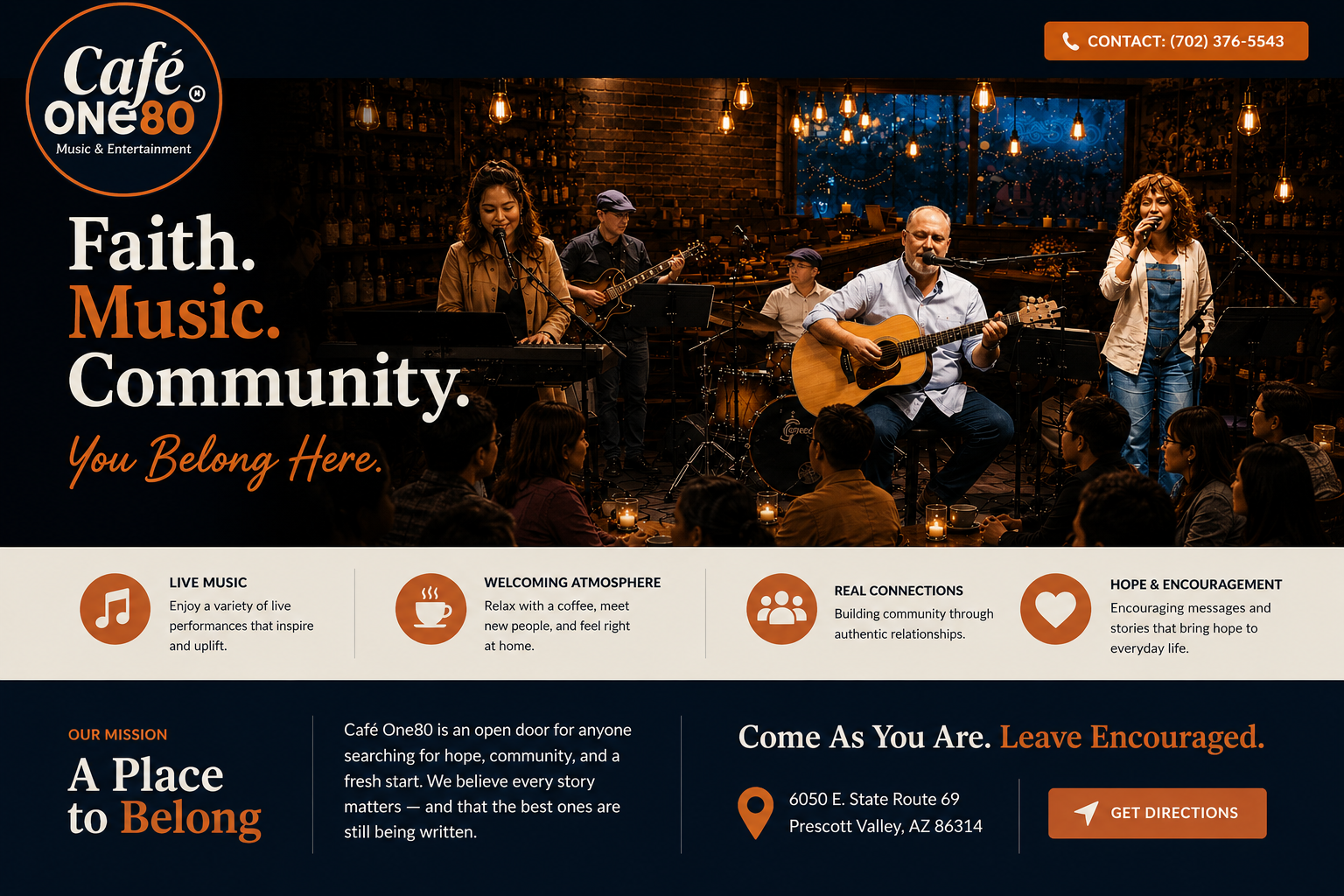 Café One80 homepage with live music, community, mission statement, contact phone number, address, and directions.